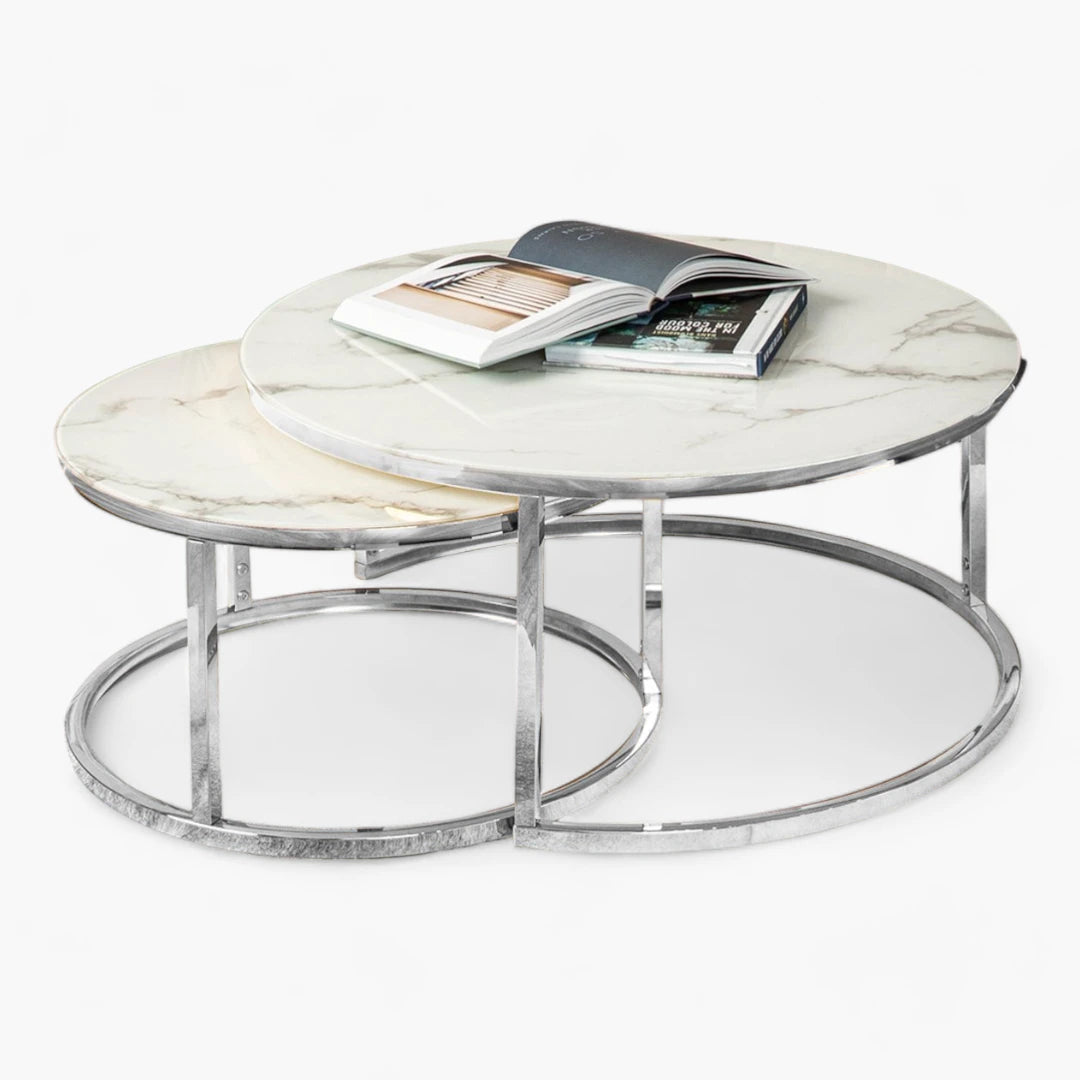 Table basse SILVER ronde marbre pieds argentée en acier inoxydable